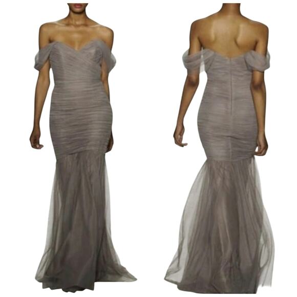 Amsale Black Off Shoulder Ruched Tulle Bridesmaid Mermaid Gown #G834U Women's 6 - Picture 1 of 16